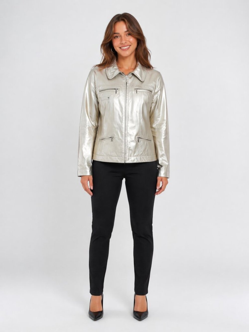 Cute Chicos Cotton Blend Gold Satin Moto Jacket 1 S 40" bust Zippered pockets